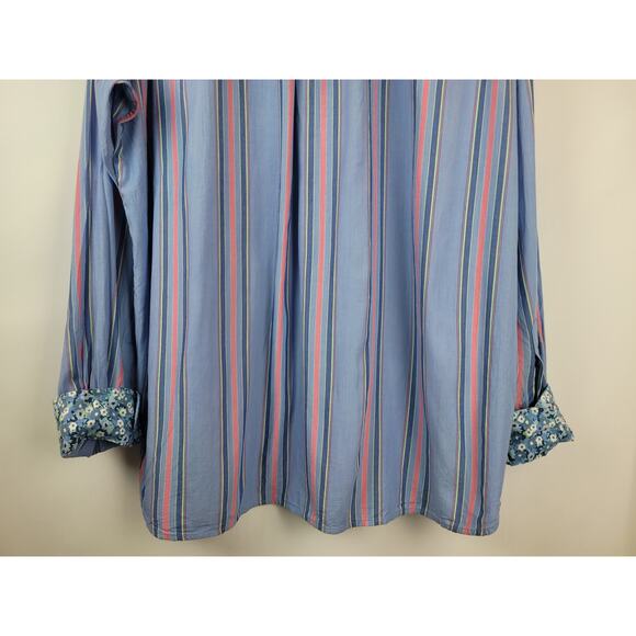 Lands End Men's Striped Button Up Shirt with Floral Flip Cuff Blue Salmon Sz XL - Picture 7 of 10